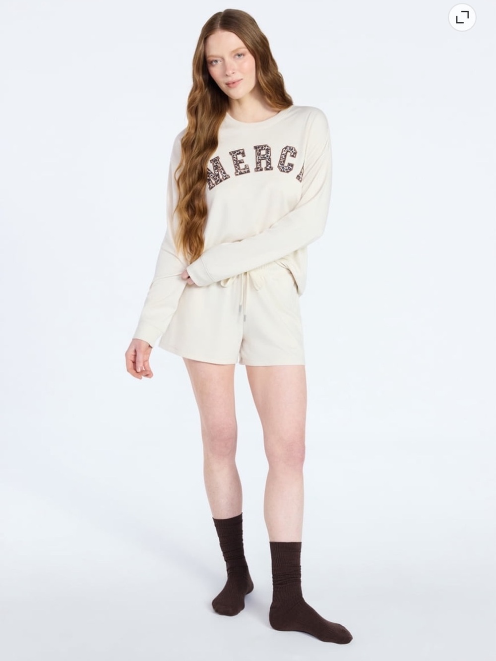 Joyspun French Terry Long Sleeve Sleep Top and Shorts Lounge Set 2-Piece. L, XL - Picture 2 of 5